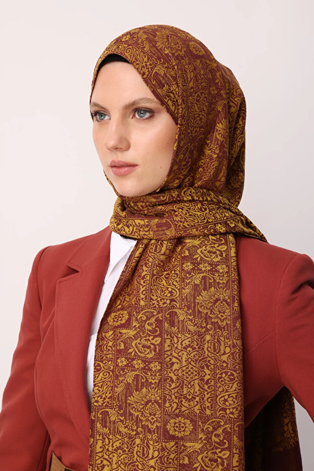 Henna Pattern Double-Sided Shawl Plum-Yellow - 2