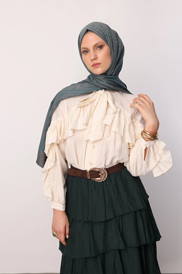Lavin Pattern Reversible Shawl, Dark Grey-Emerald - 6