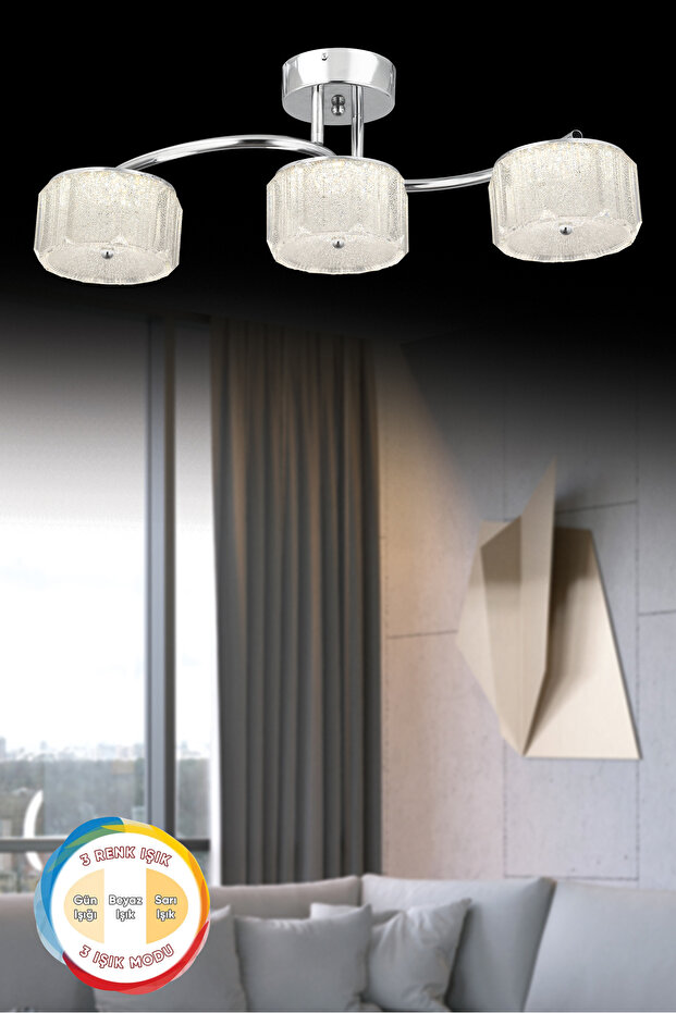 Mercan 3 lü Sıralı Şeker Camlı LED Avize 3 Renk Işık Modlu (Beyaz / Sarı / Gün Işığı) - 2