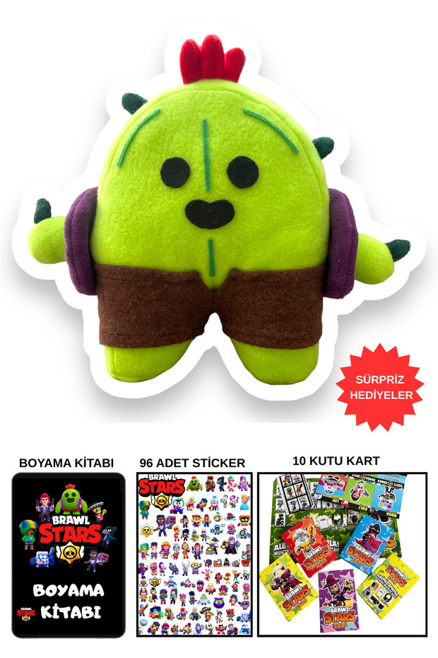 RedNar Brawl Stars Spike Peluş Oyuncak - Brawl Stars Oyuncakları -Boyama Kitabı - Sticker - Kart - Yılbaşı