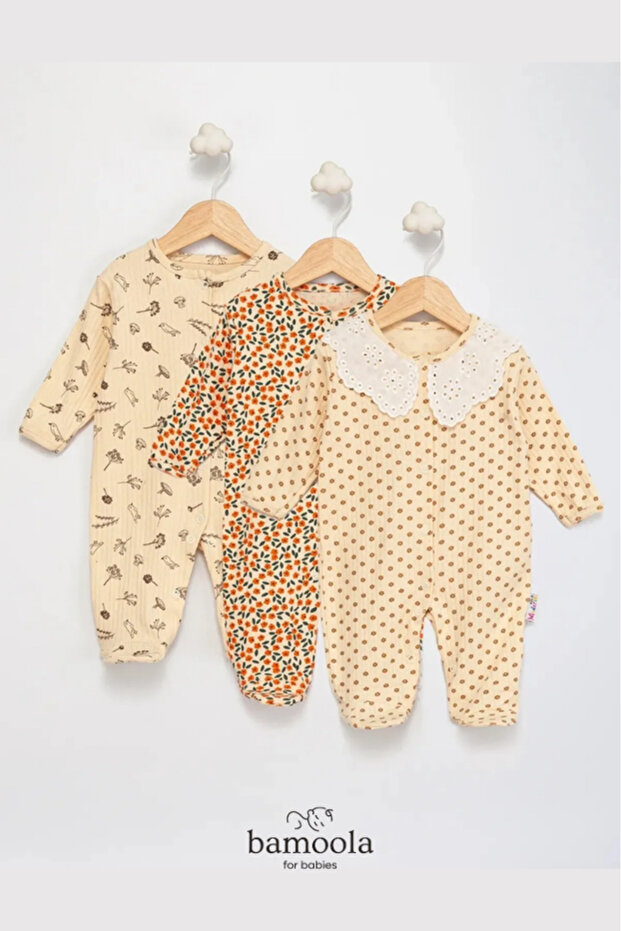 100% Cotton Bib Collar 3-Piece Booties Jumpsuit (Girl - Boy - Newborn)