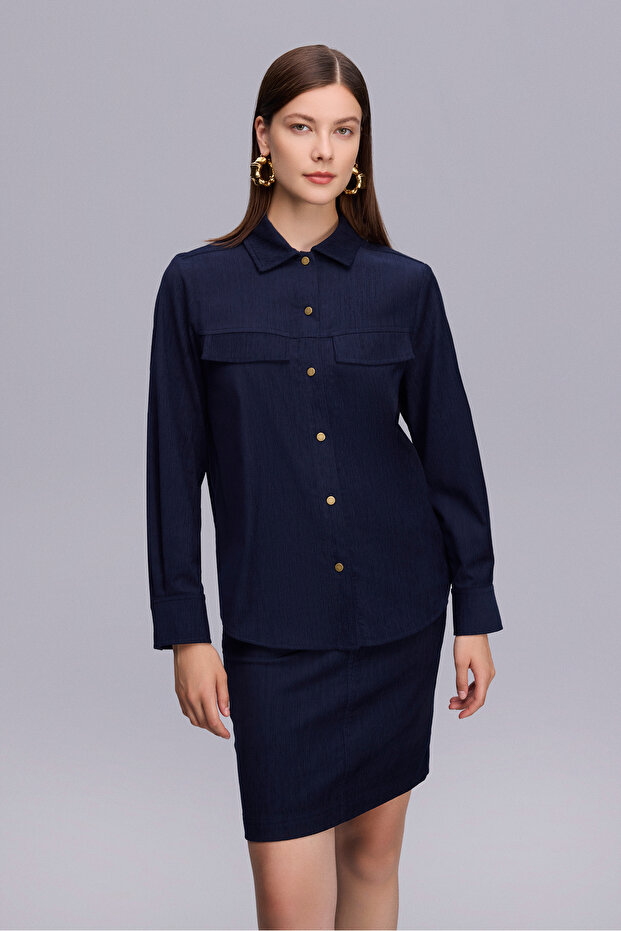 Çıtçıtlı Süet Lacivert Gömlek - 1