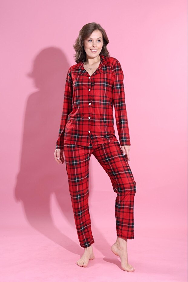 Long Sleeve Front Button Suede Pajama Set - 2