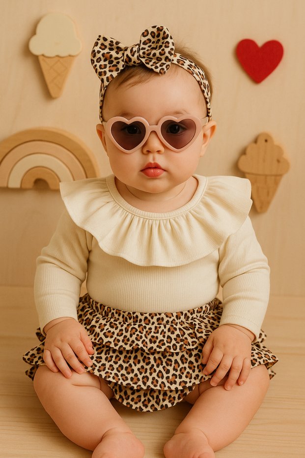 Baby Girl Ruffled Lapel Long Sleeve Body Leopard Print Shorts Skirt Bandana Set