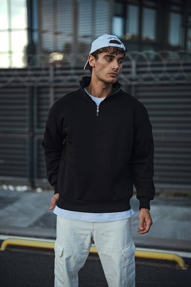 Fermuarlı Siyah Oversize Unisex Sweatshirt - 5