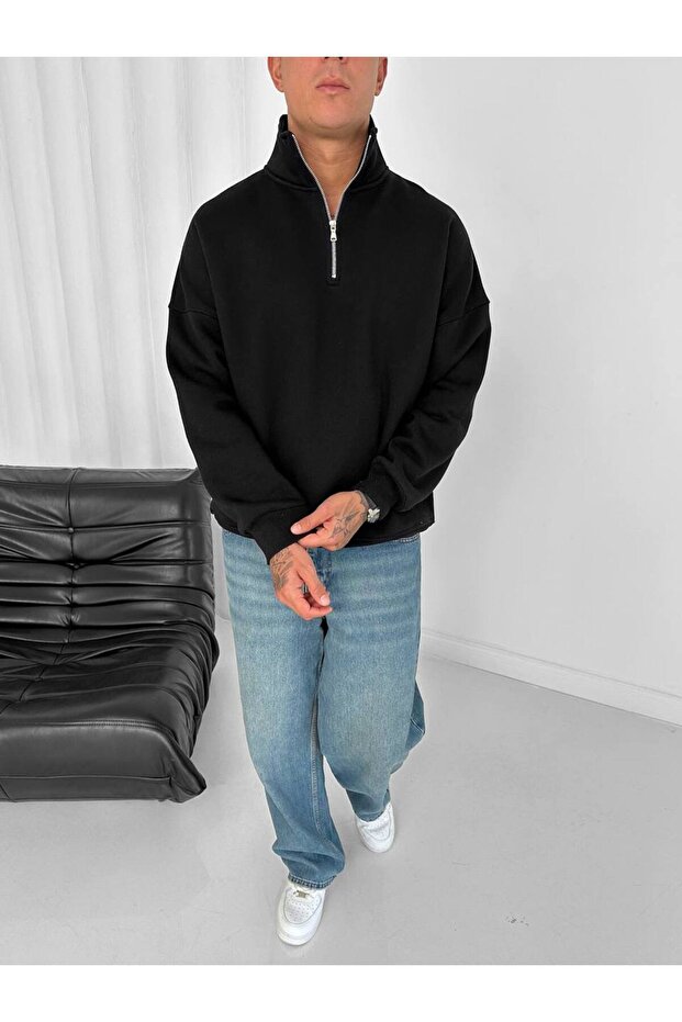 Fermuarlı Siyah Oversize Unisex Sweatshirt - 8