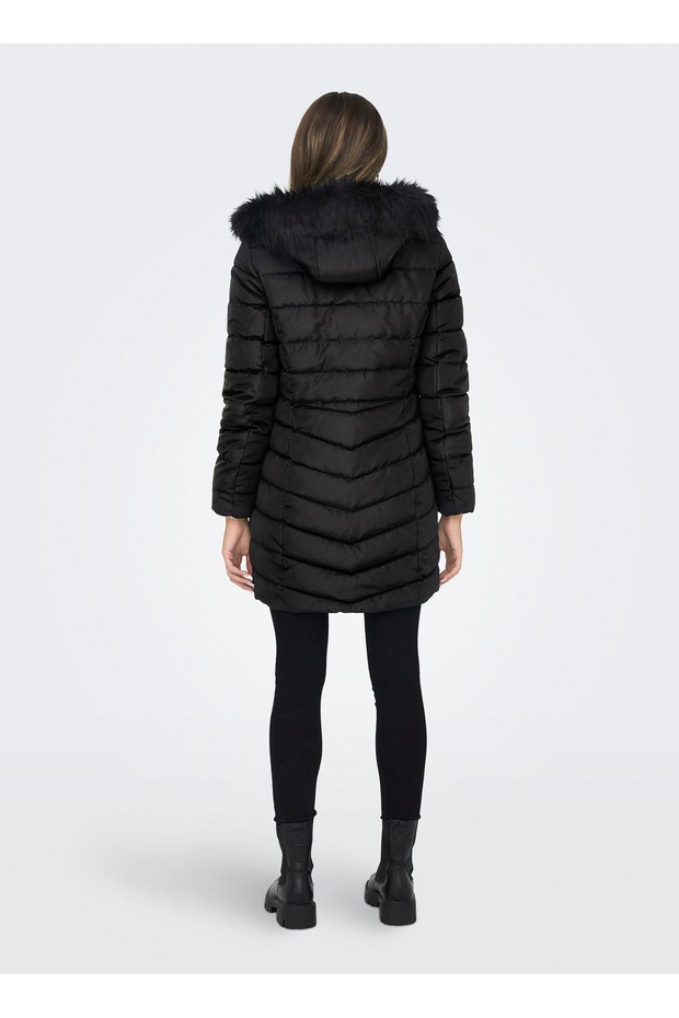 Siyah Kadın Kaban ONLELLAN QUILTED HOOD FUR COAT CC O - 3