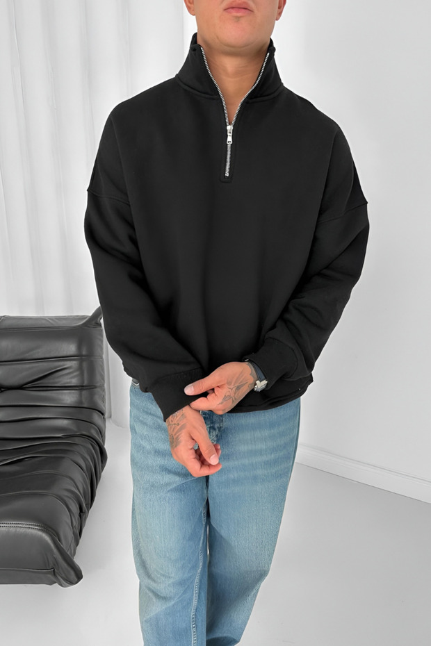 Fermuarlı Siyah Oversize Unisex Sweatshirt - 1