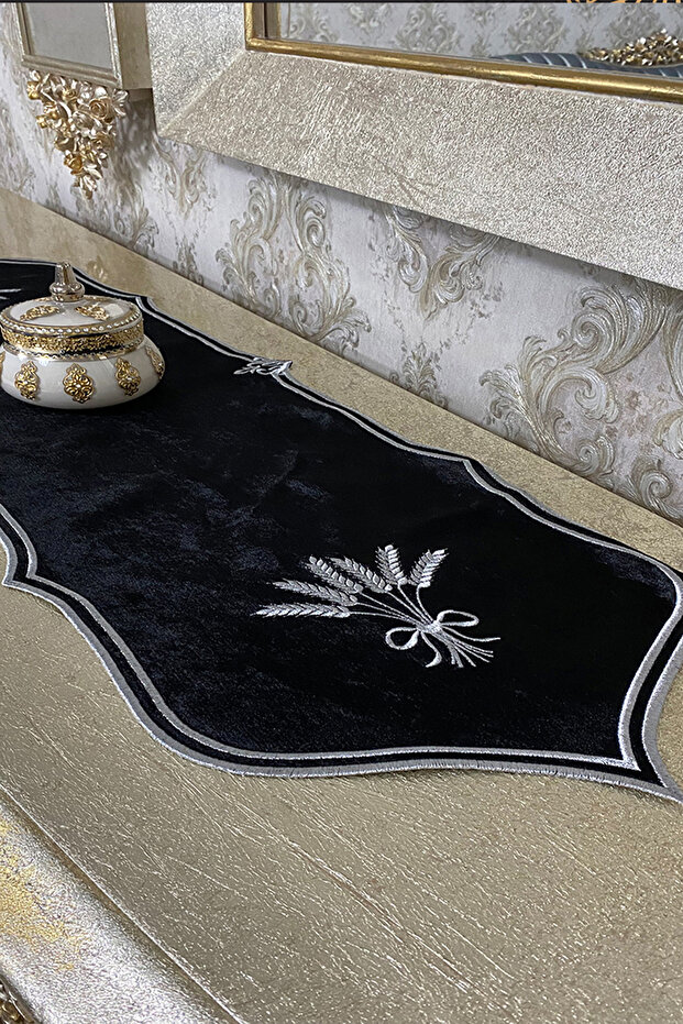 Başak Kadife Özel Nakışlı Runner-Siyah/Gri - 1