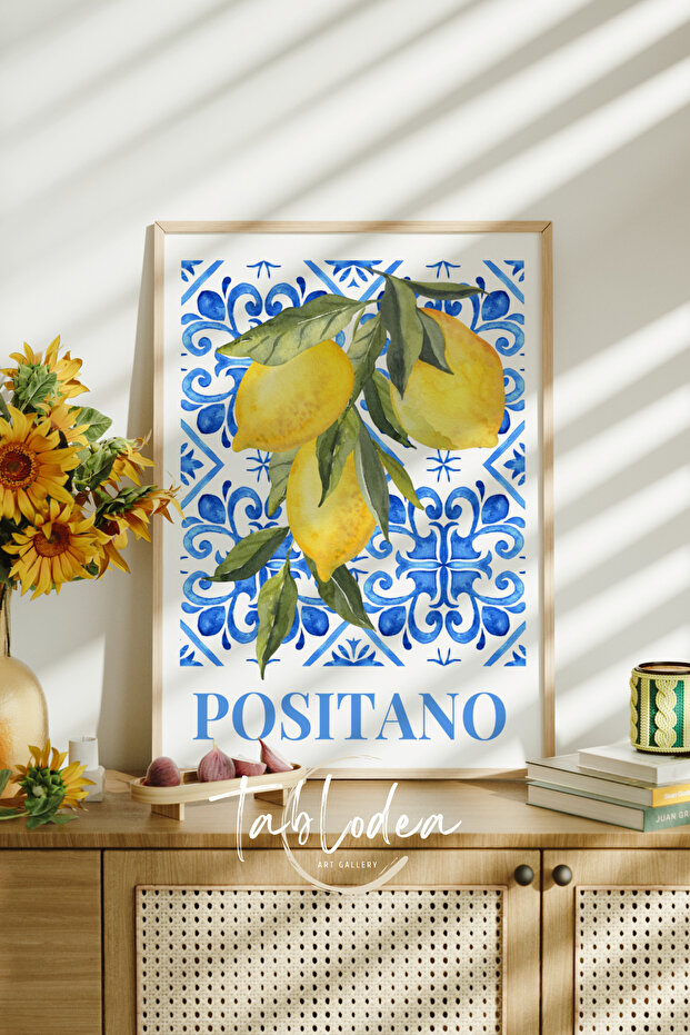 Seramik Desenli Minimalist Mutfak Dekoru Çerçeveli Poster Tablo, Limon Temalı Bohem Mutfak Tablosu - 4