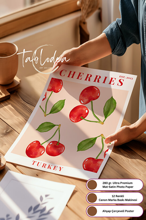 Kiraz Desenli Modern Mutfak Dekoru Çerçeveli Poster Tablo, Minimalist Dekoratif Bohem Mutfak Tablosu - 7