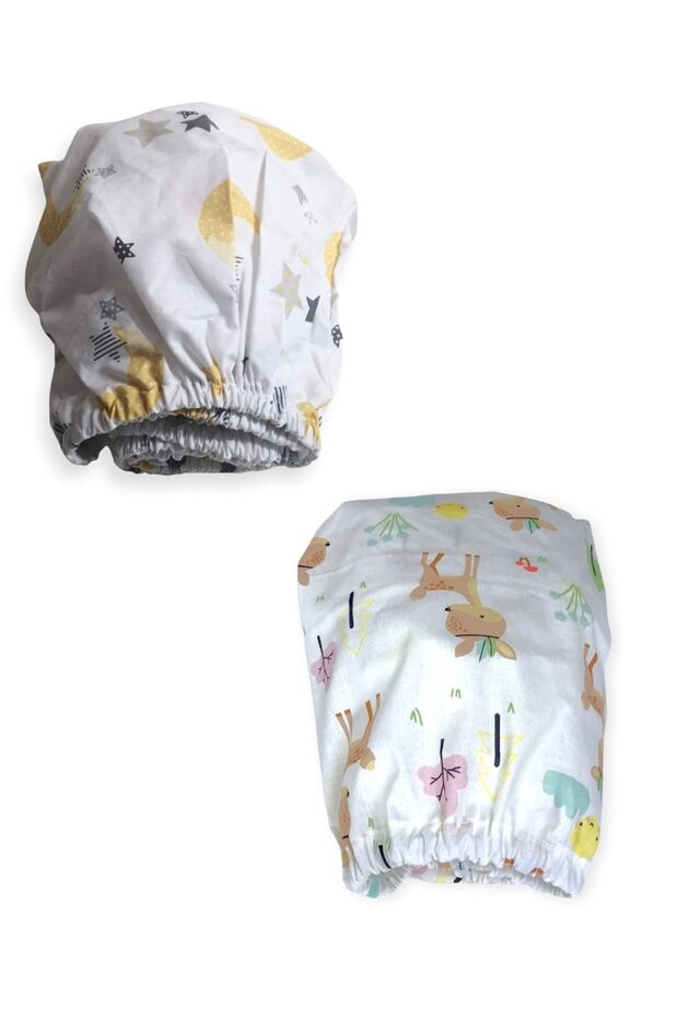 100% Cotton Children's Fitted Sheet 80X180 (2 Pieces) Yellow Crescent, Star and Roe Deer