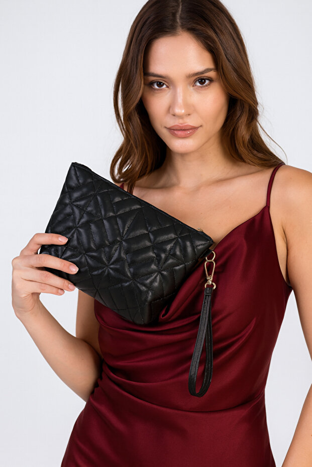 Women's Black Geometric Patterned Travel Cosmetic Beach Makeup Clutch Hand Bag Organizer Makeup Bag
