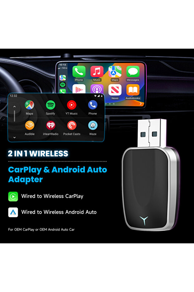 محول 2 في 1 سلكي إلى لاسلكي CarPlay ومحول Android Auto اللاسلكي للتوصيل والتشغيل