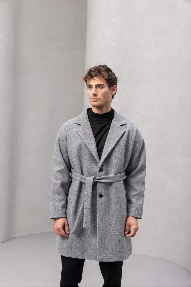 Carlo Oversize Kaşe Kumaş Fileto Cepli Kışlık Erkek Kaban - Gri - 5