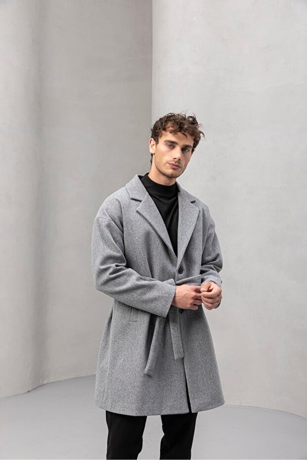 Carlo Oversize Kaşe Kumaş Fileto Cepli Kışlık Erkek Kaban - Gri - 6
