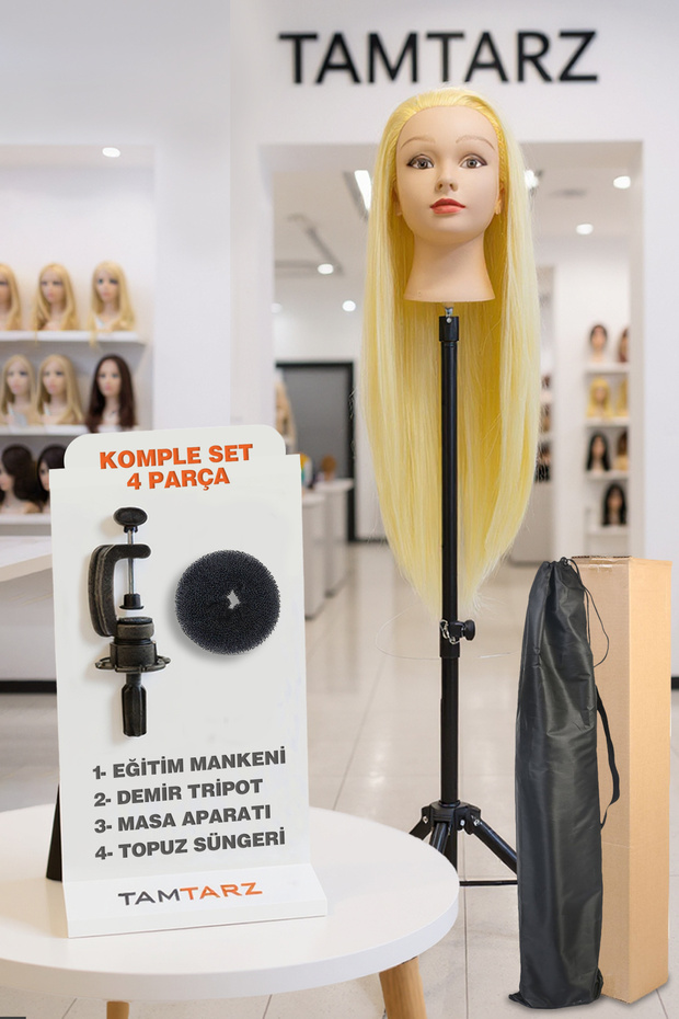Hairdresser Training Mannequin / Platinum + Iron Tripod + Bun Sponge + Table Attachment