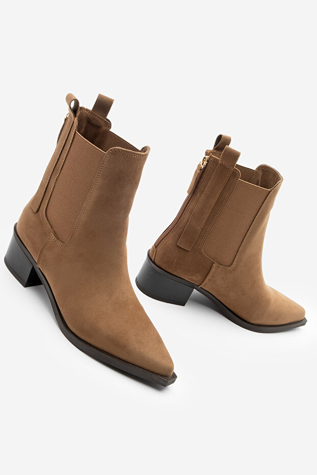 Women's Pointed Toe Back Zipper Cowboy Double Elastic Western Boots Mirona Tan Suede