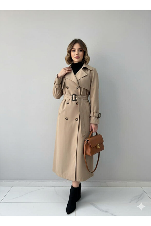 STYLİSH CAMEL UZUN TRENÇKOT - 2