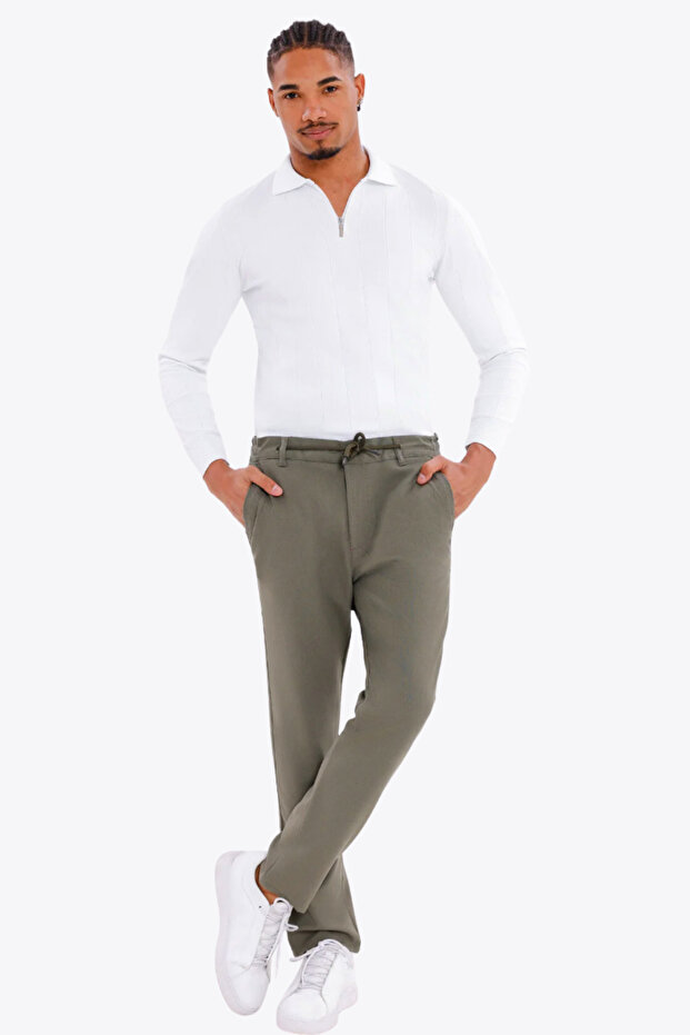 Men's Khaki Linen Look Comfortable Fit Breathable Lace-Up Trousers