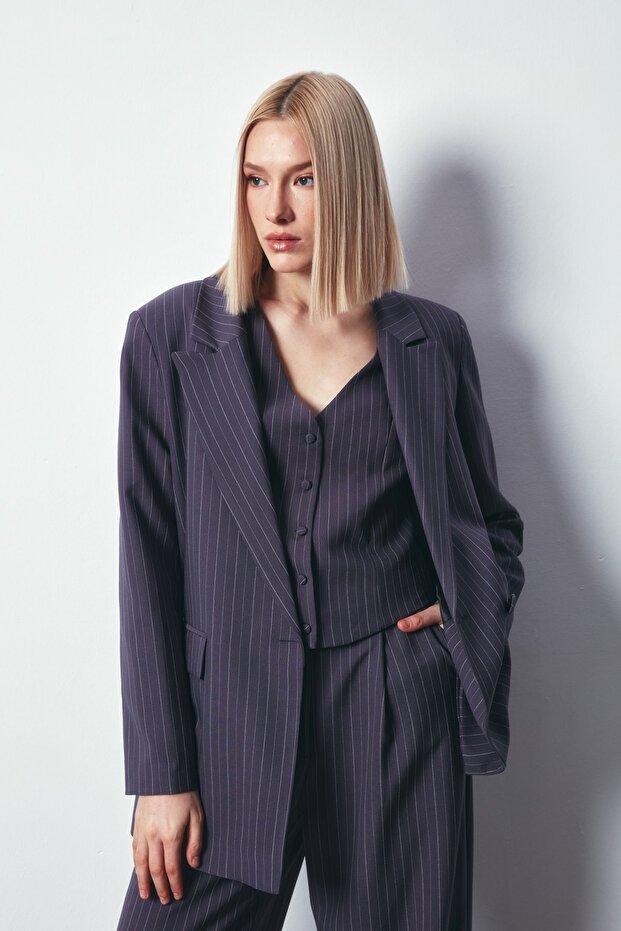 Striped Loose Jacket - Gray - 4