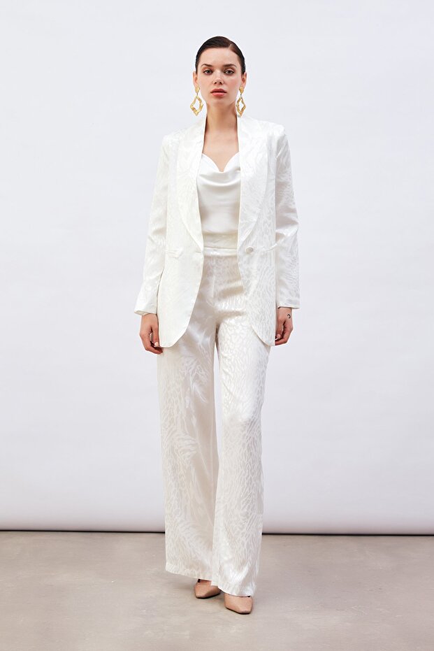 Patterned Satin Trousers - Ecru - 4
