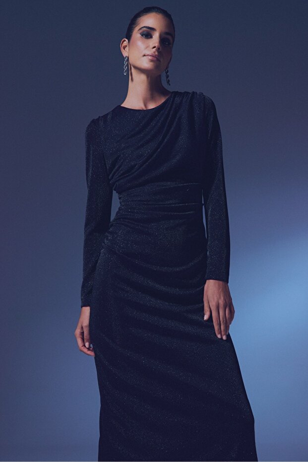 Simli Midi Elbise - Siyah - 5