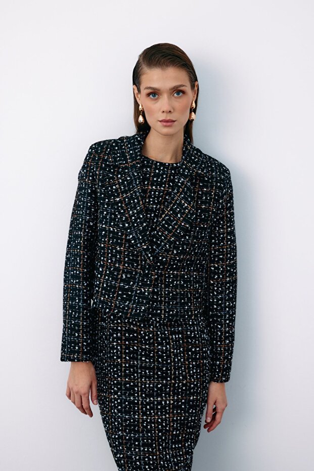 سترة قصيرة من التويد بأزرار - أسود - 2