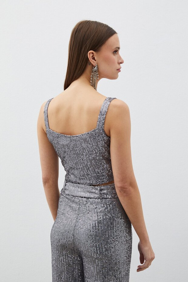 Payetli Crop Bluz - Gümüş - 7