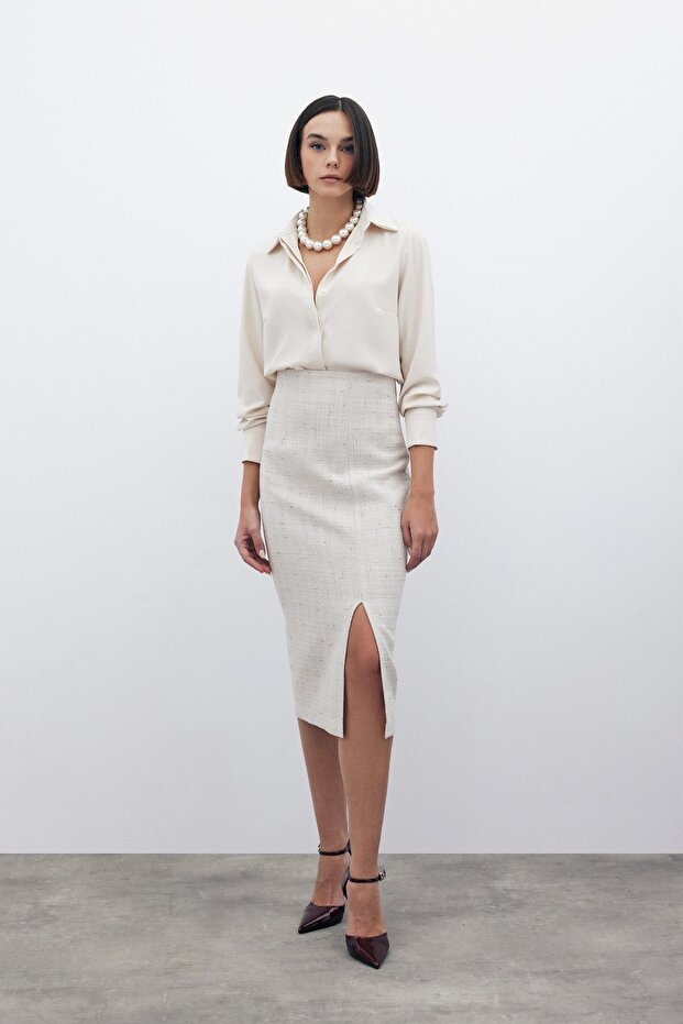 Simli Midi Boy Tüvit Etek - Bej - 5