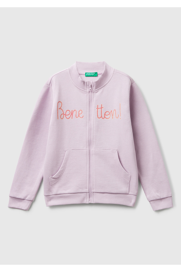 Girl's Lilac Glitter Logo Printed Zippered Ribbed Regular Fit Sweatshirt