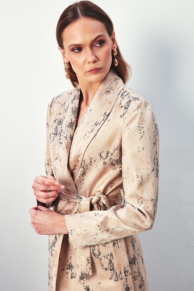 معطف طويل مزين بنقشة لامعة - بيج - 3