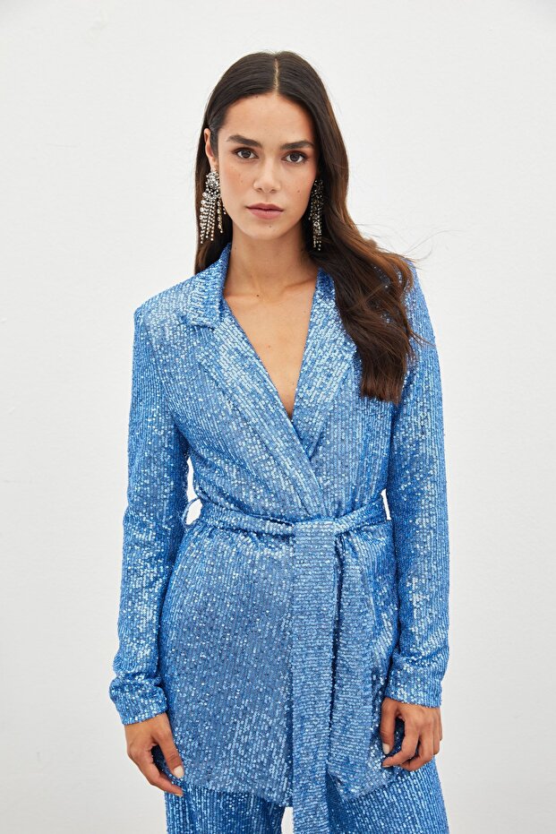 Belted Sequin Jacket - Indigo - 3