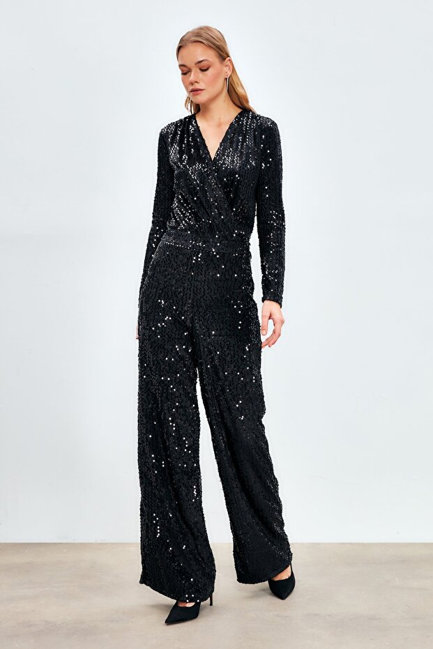 Wide Leg Sequined Trousers - Black