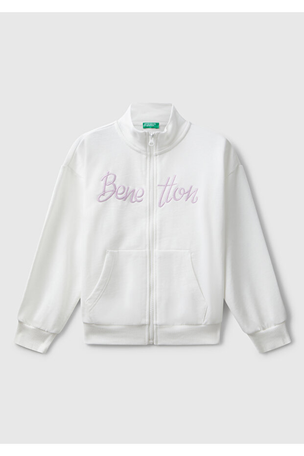 Girl's Ecru Zippered Stand Collar Sweatshirt with Logo Embroidered Pockets on the Front