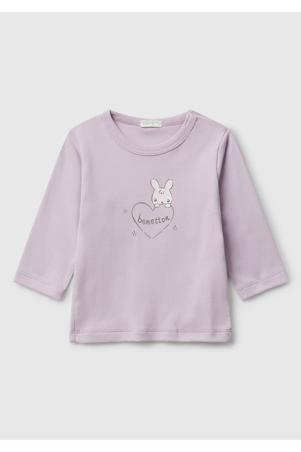 Baby Lilac Logo Printed Shoulder Snap Crew Neck Long Sleeve T-Shirt