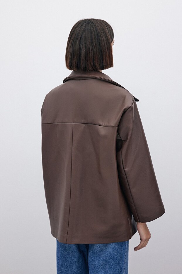 Oversize Leather Jacket - Brown - 8