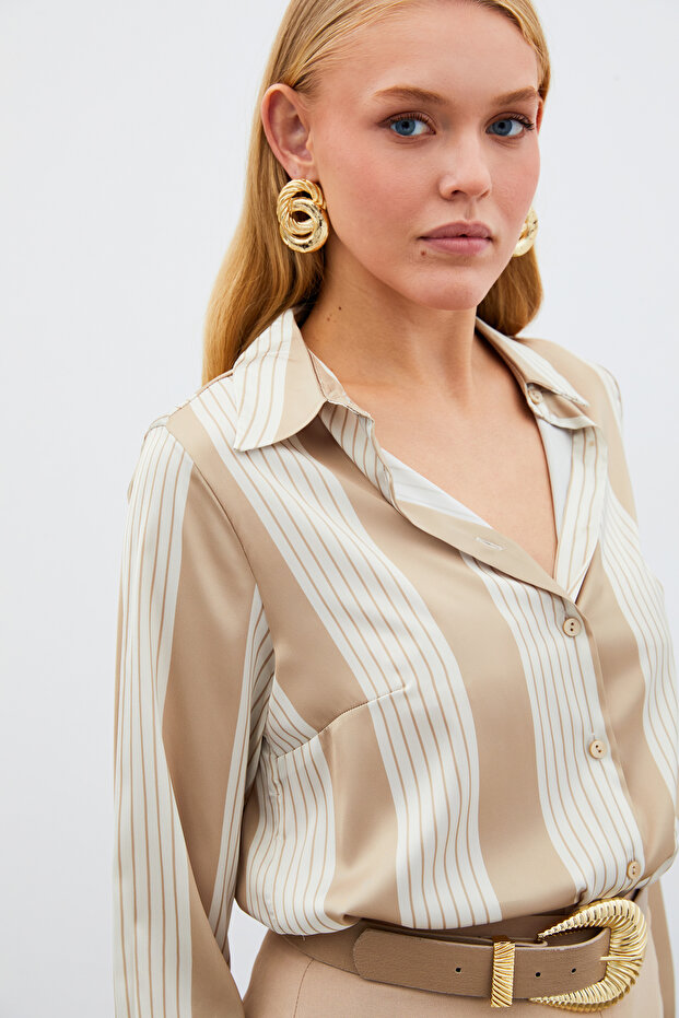 Çizgi Desenli Gömlek - Bej - 6