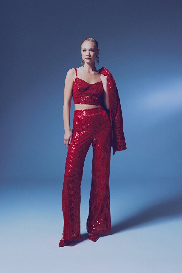 بلوزة قصيرة بترتر وحزام سميك - أحمر - 4