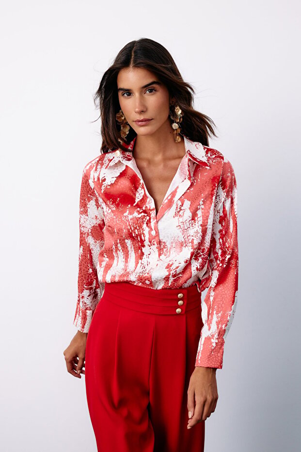 قميص فضفاض منقوش - أحمر - 1