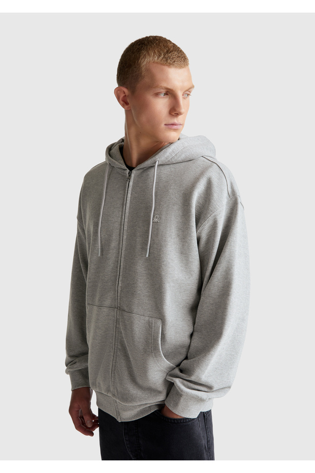 Men's Gray Melange 100% Cotton Slim Fit Zippered Hooded Sweatshirt