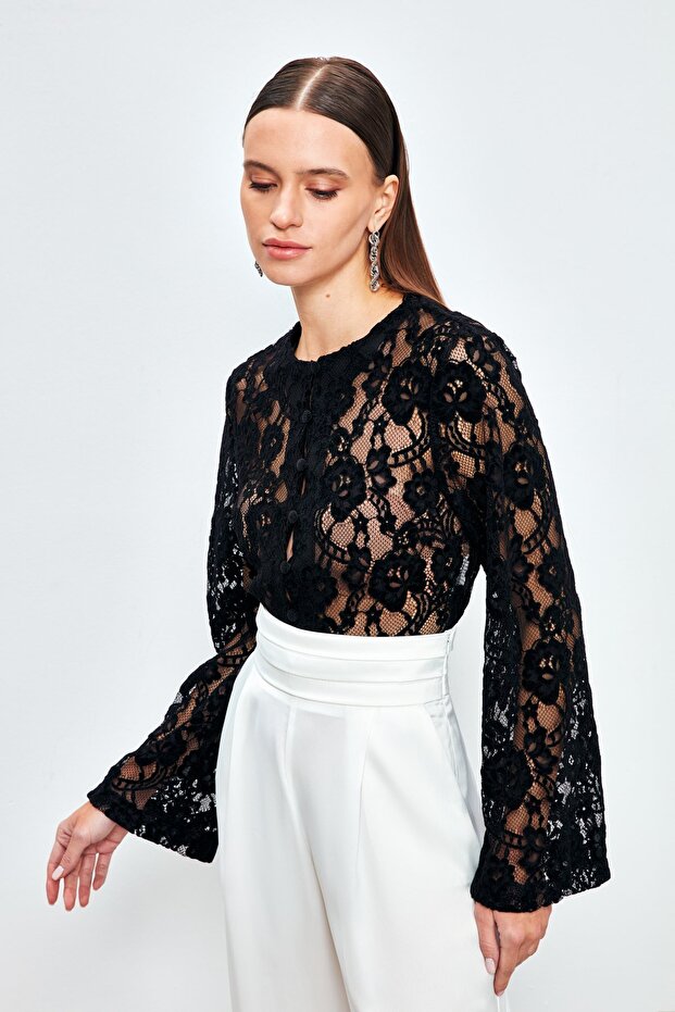 Dantelli Crop Bluz - Siyah - 1