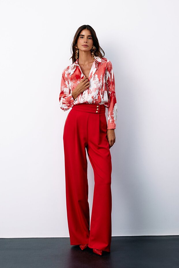 قميص فضفاض منقوش - أحمر - 2