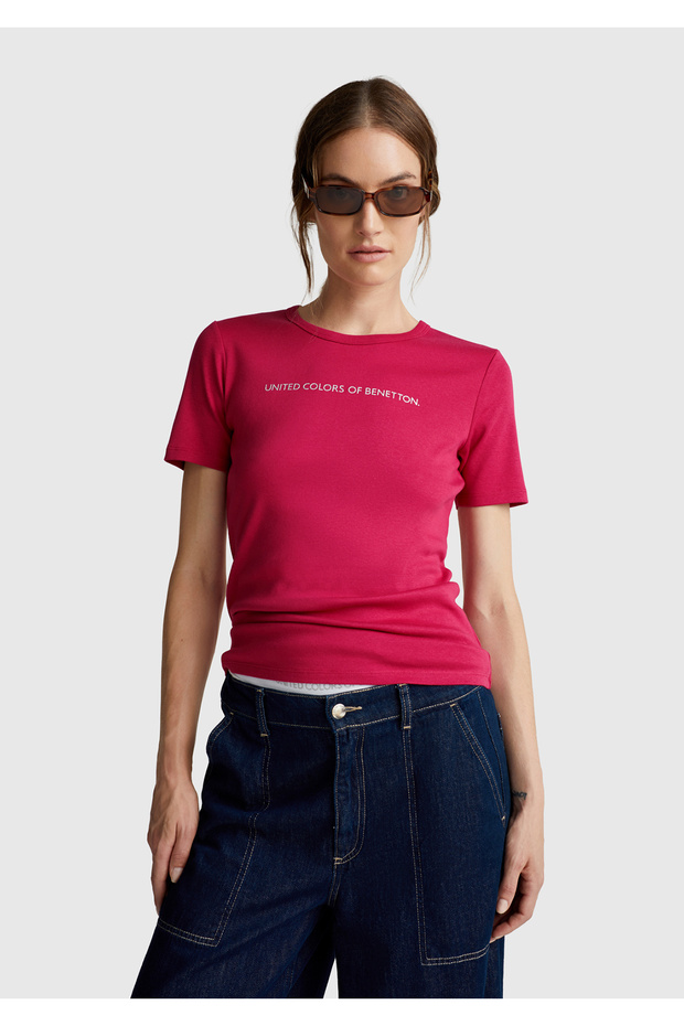 Women's Fuchsia 100% Cotton Benetton Written Basic T-Shirt