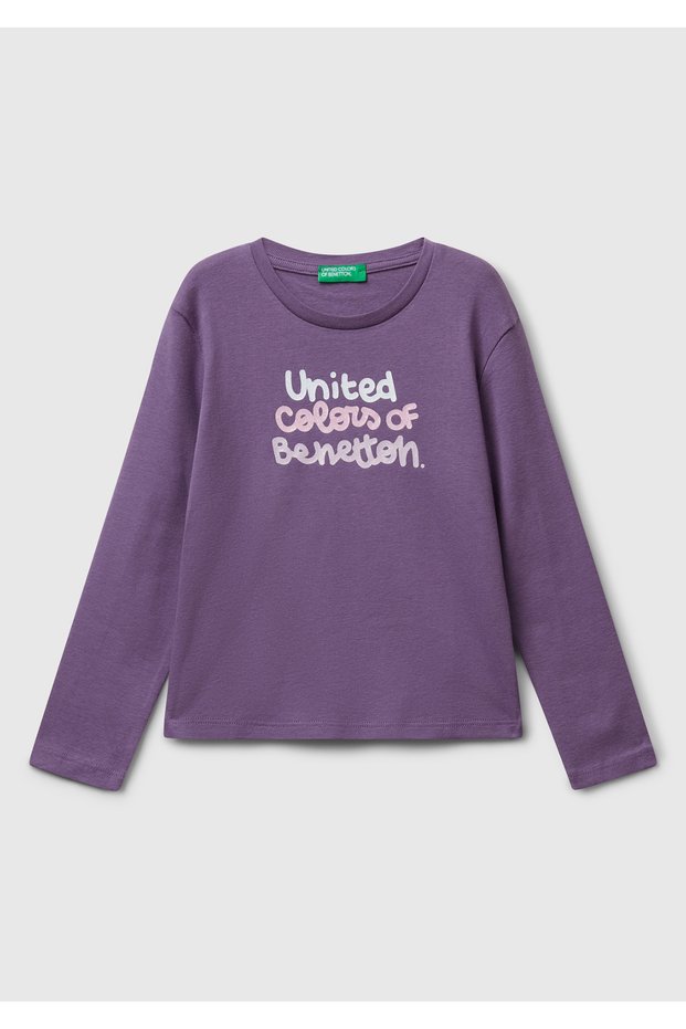 Girl's Purple Slim Fit Long Sleeve T-Shirt with Glitter Logo Print on the Front
