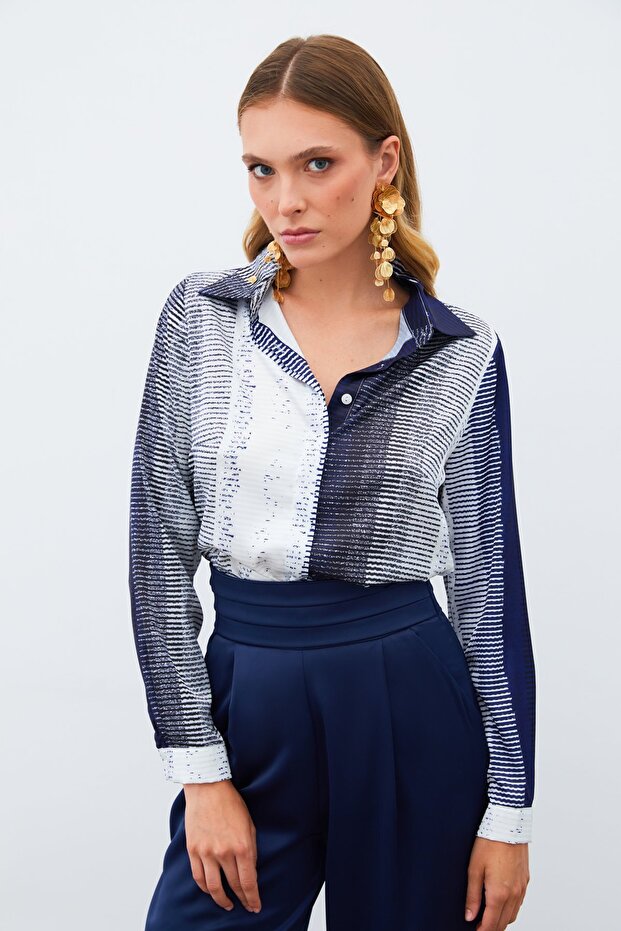 قميص سادة منقوش - أزرق داكن - 3