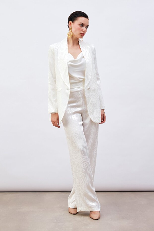 Patterned Satin Trousers - Ecru - 2