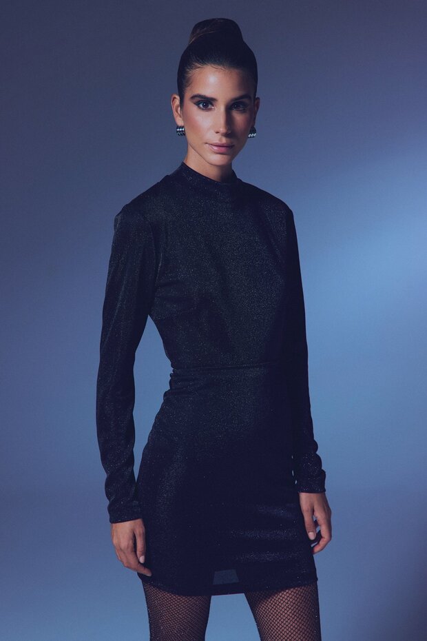 Dik Yaka Simli Bodysuit - SİYAH - 1