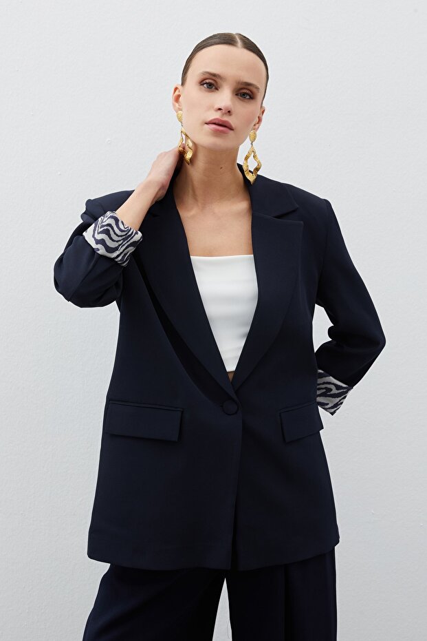 Zebra Lined Long Jacket - Navy Blue - 2