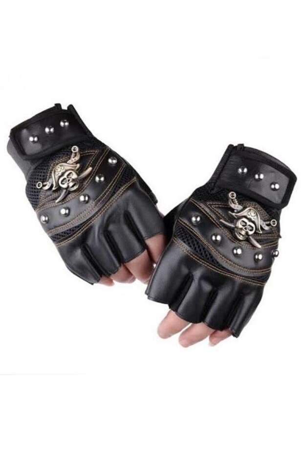 Skull Pattern Fingerless Men's Leather Gloves